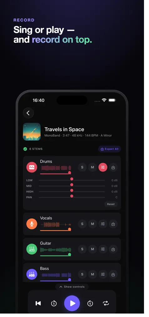 MonoBand: AI Stem Splitter — Sing or play and record on top